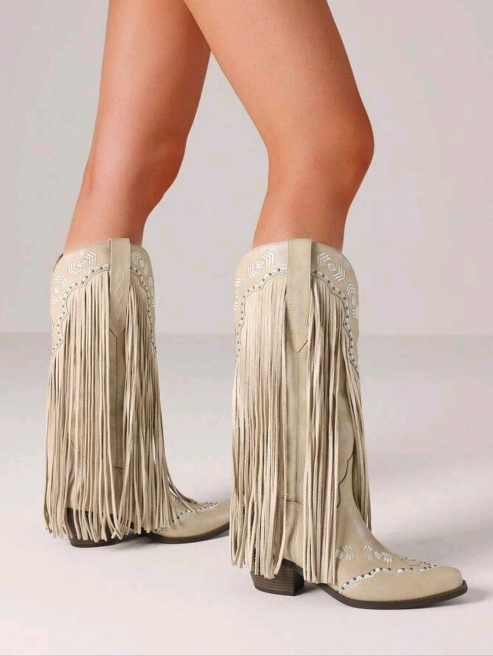 Fringe Knee-High Western Boots - Beige - Picture 7 of 9